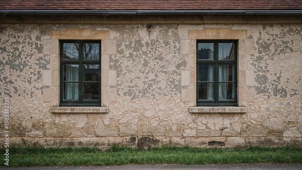 Fototapeta premium Front view of an aged building with dual window openings
