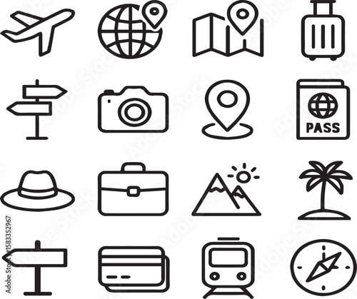 Travel icons set with vector symbols for web media communication finance transport and technology in black illustration design