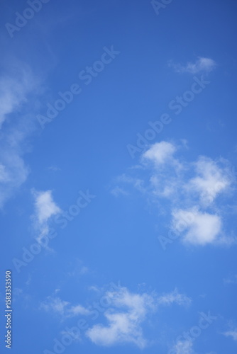Bright blue sky with soft white clouds scattered across a clear day, evoking a sense of peace and natural freshness