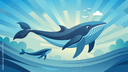 Graceful whales swimming in a peaceful ocean scene with sky, sun and clouds for use in designs related to nature.