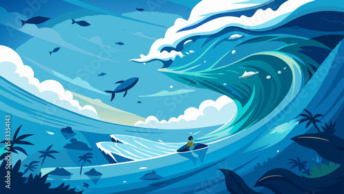 A vibrant ocean wave graphic with surfer, offering creative elements for summer designs, travel layouts, or tropical themed projects with marine life.