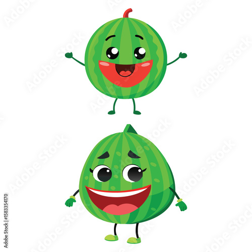 Two Cheerful Cartoon Watermelons with Smiling Faces
