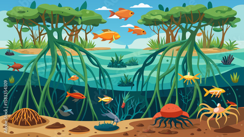 Beautiful underwater scene showcases mangrove trees, crabs, and fish in a colorful graphic suitable for environmental designs.