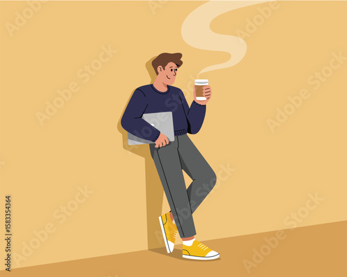 Stylized lifestyle illustration of a person leaning with coffee and laptop—evoking a laid-back, tech-savvy mood in minimalist fashioncoffee, laptop, casual, tech, person, lean, outfit, sneakers, cup, 