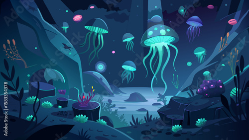 Ethereal glow jellyfish float serenely in an underwater scene, ideal for website backgrounds, calming displays, or nature-themed creative design projects.