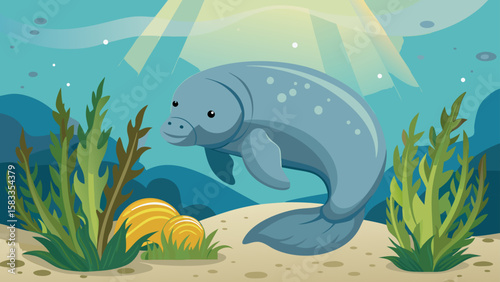 Charming manatee swims serenely underwater among the swaying seagrass, creating a whimsical nautical or marine design element.
