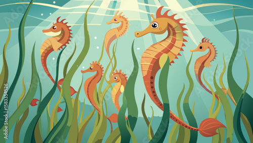 Graceful seahorses swim among swaying seaweed in a serene ocean scene, ideal for designs related to marine life or underwater adventures.