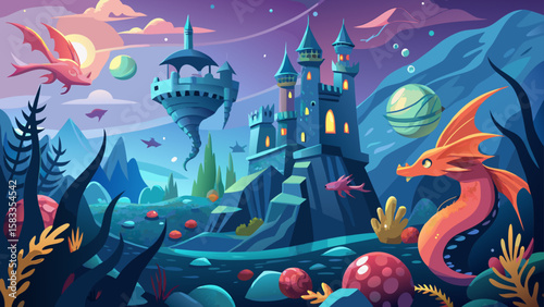 A whimsical castle landscape with dragons and fantastical flora, ideal for children's books or fairy tale themed design projects.