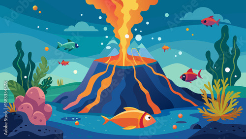 Colorful underwater scene showcasing a volcano, fishes, plants, and bubbles for whimsical design projects and nature-themed graphics.