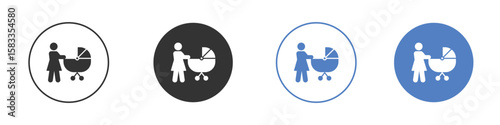 Woman with Baby Stroller icon. Simple illustration. black silhouette pack.
