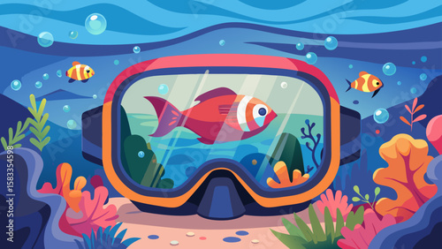 A stylized snorkel mask with colorful reef fish under water and marine plants offers a whimsical nautical design.