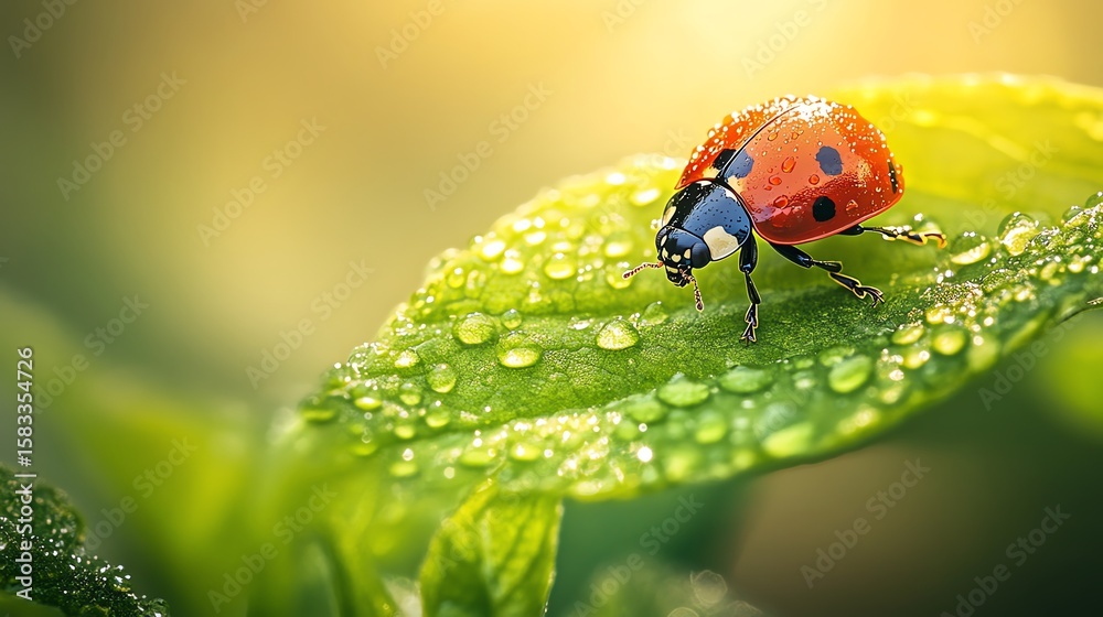 Obraz premium Close-up of a ladybug on a dewy leaf.