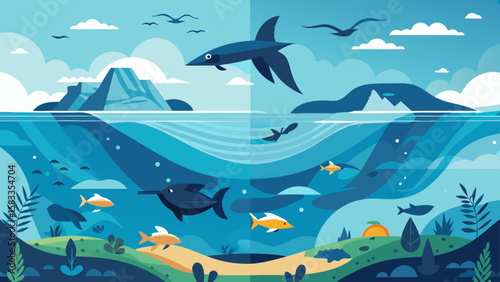 A stylized ocean scene featuring marine life, a sandy beach, and distant mountains makes for a vibrant and versatile graphic design.