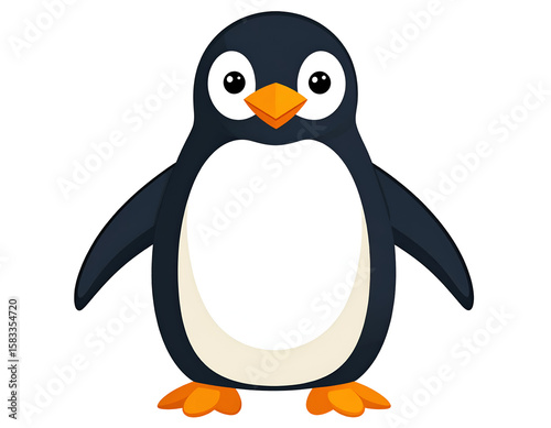 A delightful cartoon penguin with large expressive eyes and a cheerful orange beak stands.