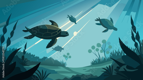 A calming underwater scene featuring sea turtles swimming in a bright ocean environment suitable for designs needing peaceful wildlife elements.