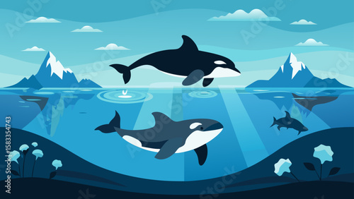 Orcas swim in a tranquil arctic sea under a bright sky, making this suitable for marine life educational resources or branding materials.