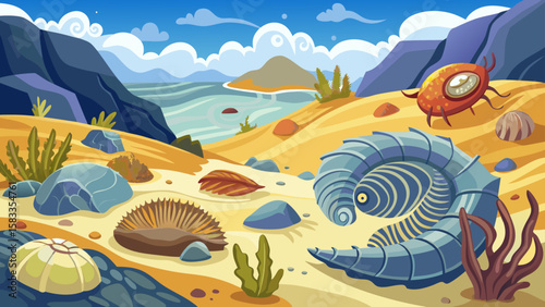 Cartoon beach landscape with fossil shells and sea creatures creating a whimsical scene perfect for educational resources or coastal themed designs.