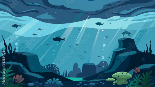Tranquil underwater scene graphic featuring marine life, rocks, plants, and sunlight filtering through the water for use in various design projects.