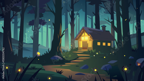 Enchanting forest scene showcases a cozy cabin nestled among tall trees, illuminated by warm light, making it ideal for storybooks.