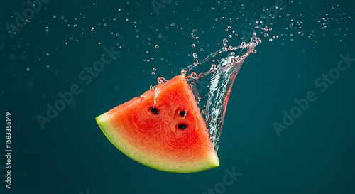 A slice of juicy watermelon plunges into water, creating a dynamic splash against a dark blue background.