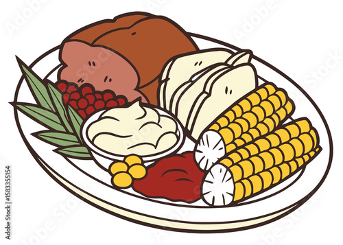Flat Design Illustration of a Classic American Thanksgiving Dinner Plate
