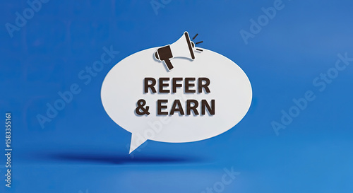 Refer a Friend and Earn Rewards: Marketing Campaign with Megaphone and Speech Bubble on Blue Background. Referral Program, Affiliate Marketing Concept.