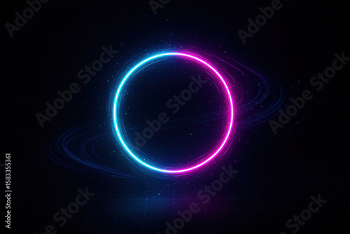 Glowing neon circle illuminating dark background with light trails