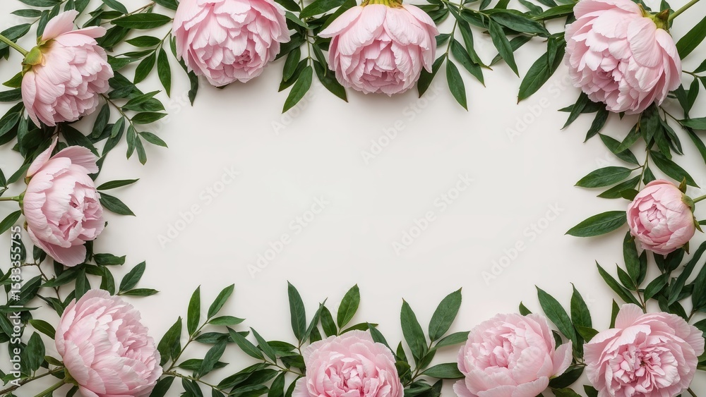 Fototapeta premium Overhead shot of pink peonies, foliage, and scattered petals in a flat lay arrangement