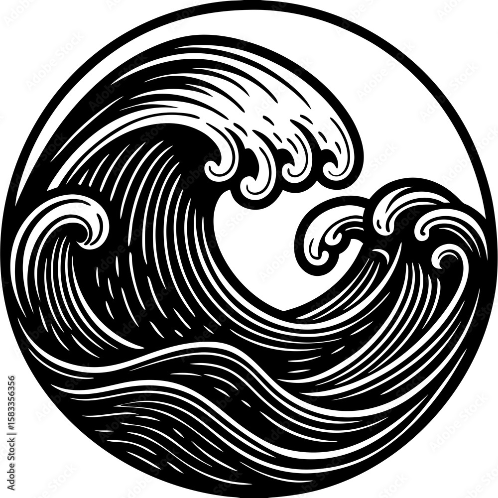 Naklejka premium Vector art of two ocean waves crash inside a circle on white background