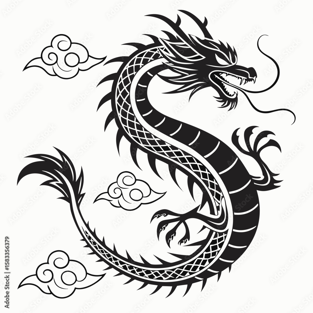 Fototapeta premium Vector art of a black and white chinese dragon design with scales and claws