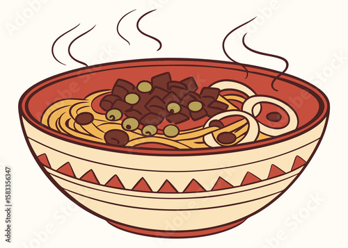 Traditional Egyptian Koshari Bowl with Lentils and Rice—Vector Art
