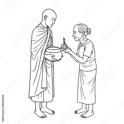 Line art of old woman offering food or give alms to the monk