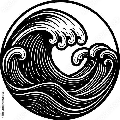 Vector art of two ocean waves crash inside a circle on white background