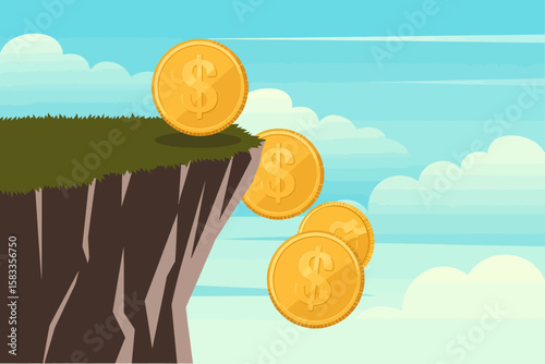 Gold Coins Falling Off a Cliff Financial Risk Investment Loss Concept Illustration.