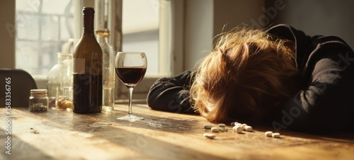 The bottle of wine and pills signify a moment of deep despair.