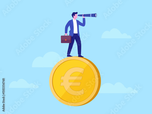 Businessman on Euro Coin Using Telescope to Look for Future Financial Opportunities.