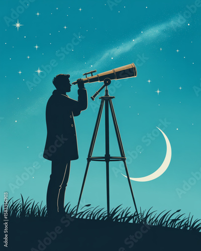 Silhouette of Man Gazing at Starry Night Sky Through Telescope