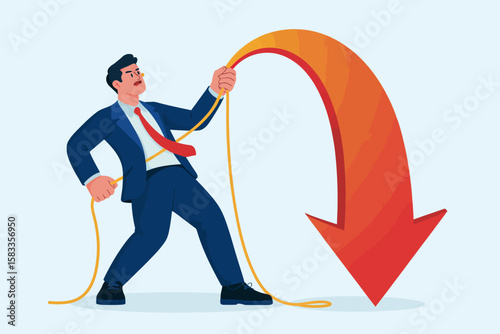 Businessman Pulling Downward Trending Arrow Representing Market Decline or Economic Crisis.