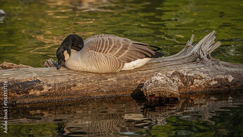 Waterfowl dozing on a wooden plank before twilight