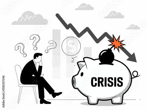 Financial Crisis Illustration Worried Businessman and Exploding Piggy Bank Representing Economic Downturn.