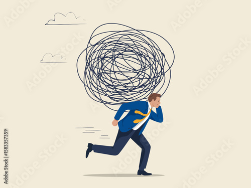 Businessman Running Away From a Tangled Mess of Problems and Stress.