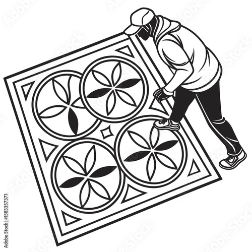 Vector art of a man installing a patterned carpet isolated on white background