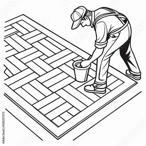 Vector art of a craftsman is laying a herringbone parquet floor pattern