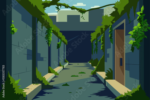 abandoned urban alley covered in vines