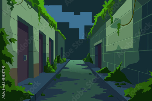 abandoned urban alley covered in vines