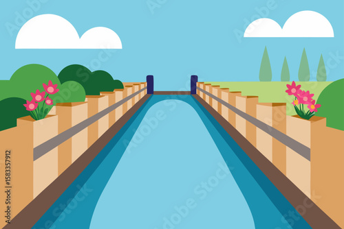city canal lined with flowers and stone railings
