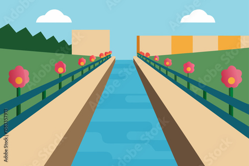 city canal lined with flowers and stone railings