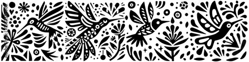 Hand‑Drawn Hummingbird Illustration, Tribal Floral Folk Art Pattern Vector for Garden and Nature-Inspired Theme Designs