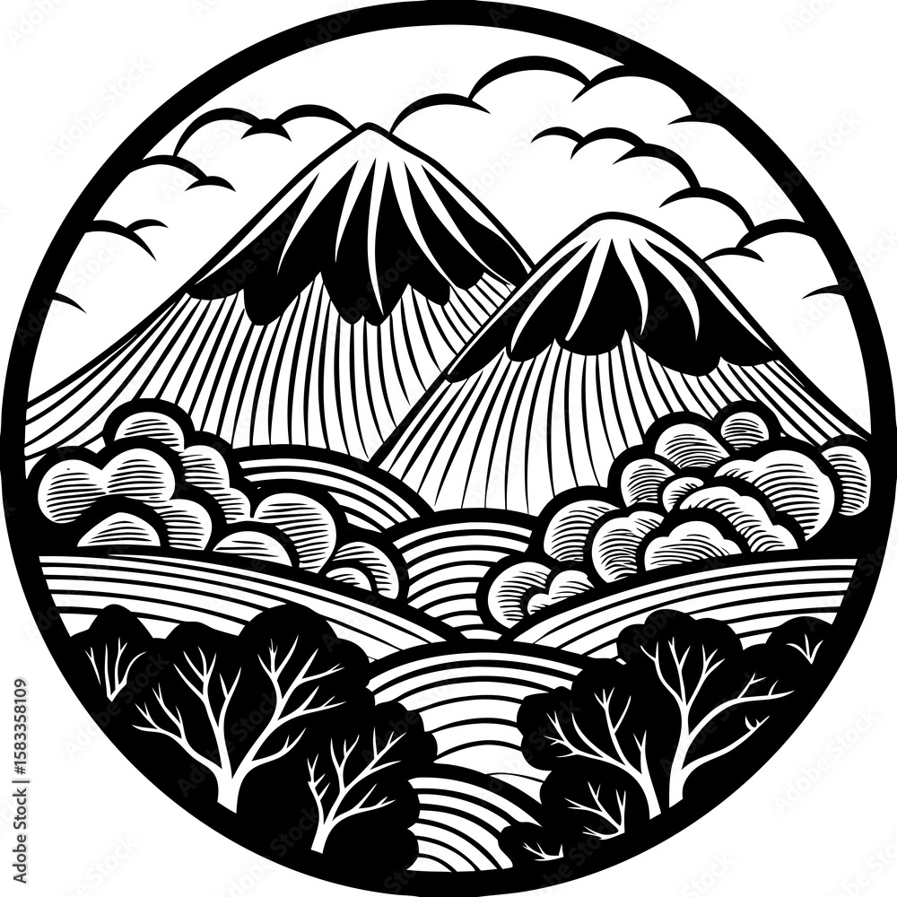 Obraz premium Vector art of a black and white mountain landscape in a circle isolated on white background