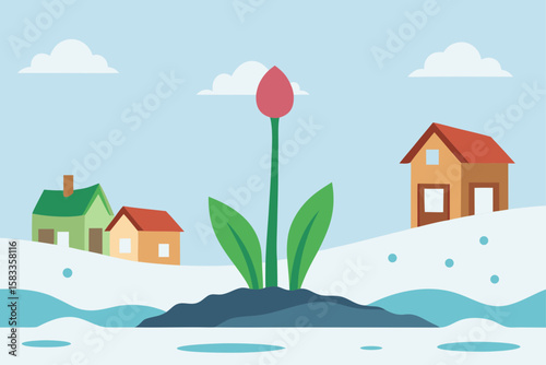early spring bloom in village with thawing snow